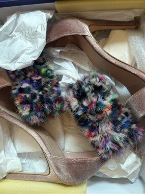 Stuart Weitzman Pink Velvet Heels with Multicolor Fur Accents